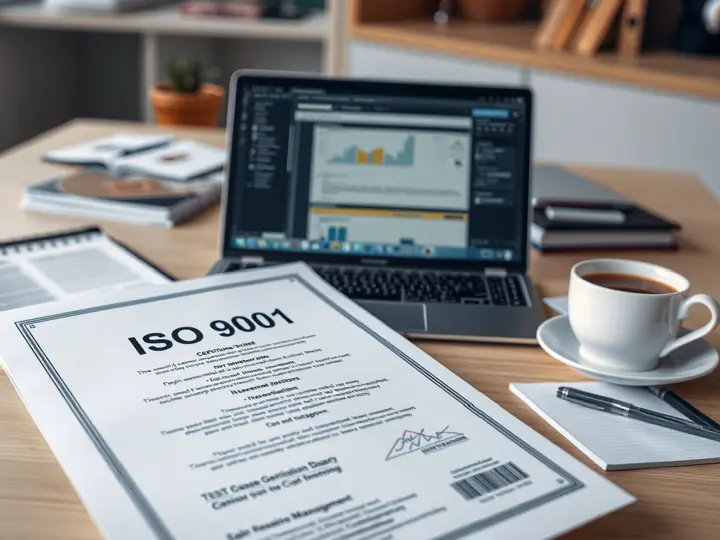 ISO 9001认证证书特写，背景是笔记本电脑显示测试用例管理界面